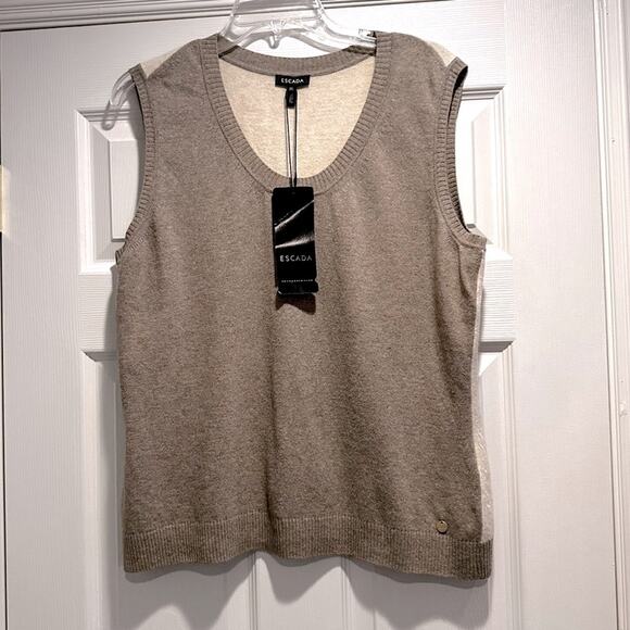 Escada Wool Blend Taupe Cream Sleeveless Sweater Vest XL Designer NWT Neutral - Picture 11 of 16